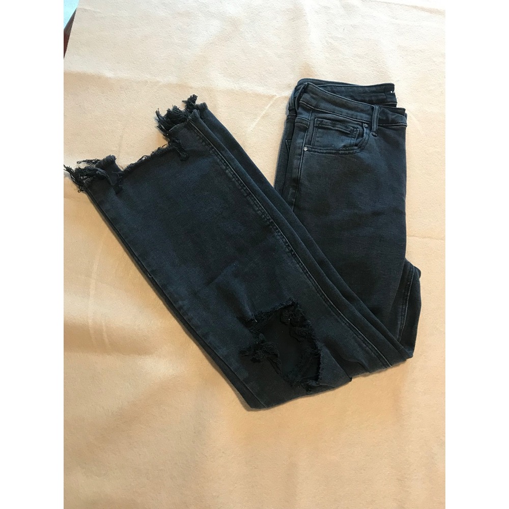 Risen Jeans Womens High Rise Distressed Straight Leg Frayed Black Denim sz 11